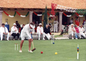 Dr. Frank Stuart, owner and croquet impressario of Rancho Pancho, won the Championship Flight of the first tournament on the new
court.