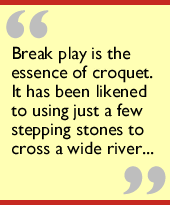 Break play is the essence of croquet.  It has been likened to using just a few stepping stones to cross a wide river...  